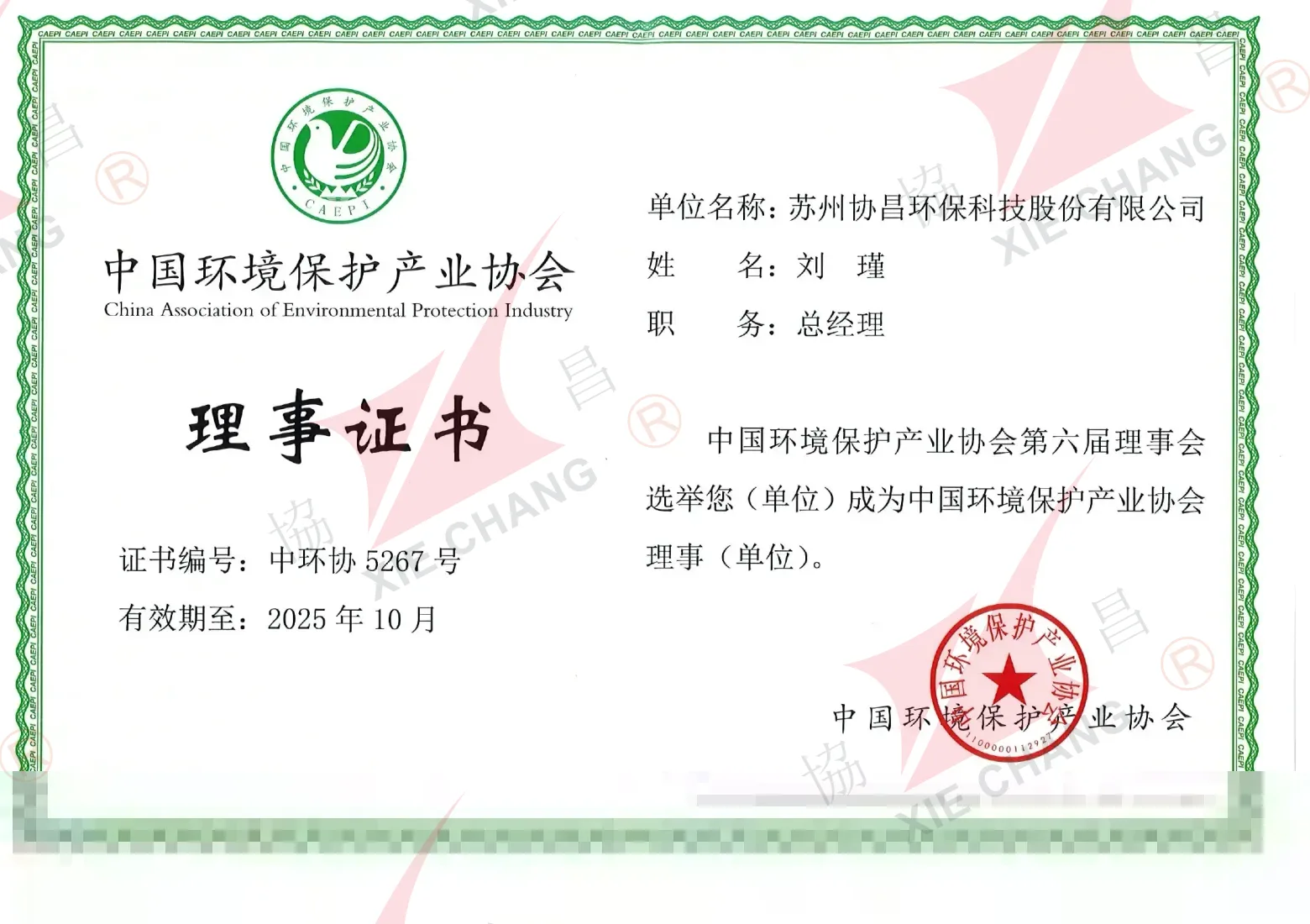 Certificado de miembro del consejo — Asociación de la Industria de Protección Ambiental de China