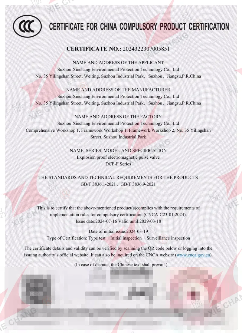 Certificado CCC — válvula de pulso antideflagrante serie DCF-F