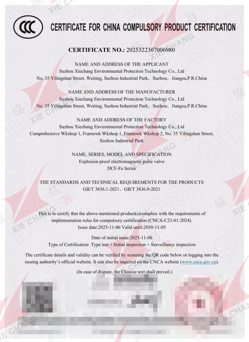 Certificado CCC — válvula de pulso antideflagrante serie DCF-Fa