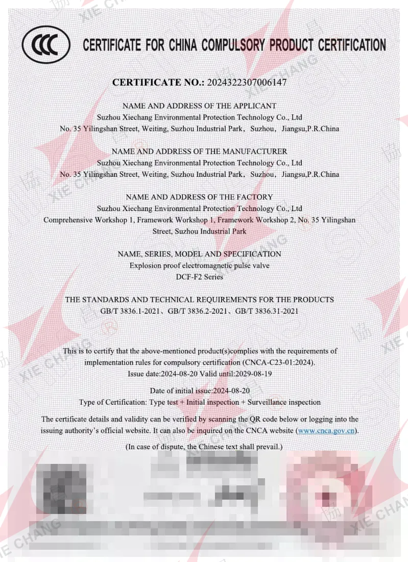 Certificado CCC Ex — válvulas de pulso antideflagrantes serie DCF-F2