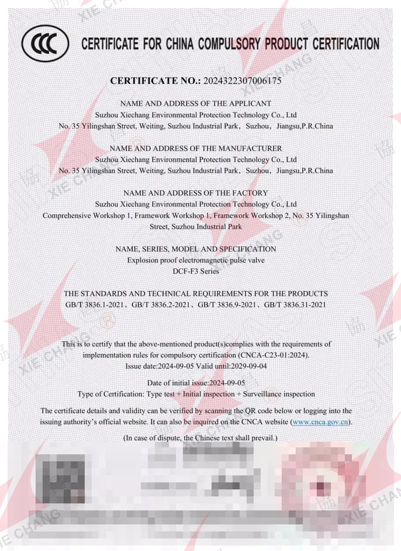 Certificado CCC Ex — válvulas de pulso antideflagrantes serie DCF-F3