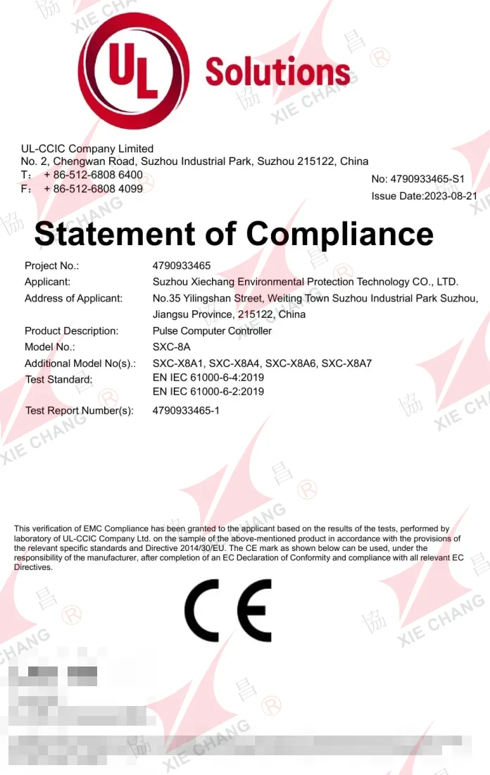 Declaración de conformidad CE (EMC) — controladores de pulsos serie SXC-8A / SXC-X8A (UL-CCIC)