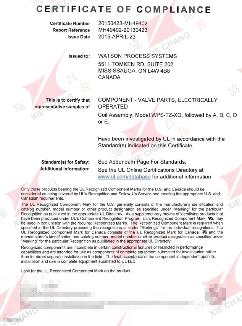 Certificado de conformidad UL — componente reconocido (Recognized Component), conjunto de bobina para válvulas de accionamiento eléctrico