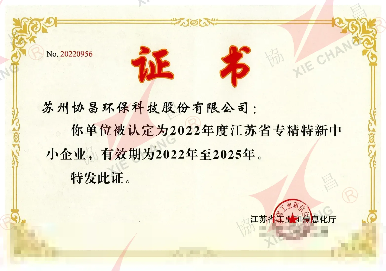 Certificado de PYME especializada e innovadora ('Zhuan-Jing-Te-Xin') de la provincia de Jiangsu (2022-2025)