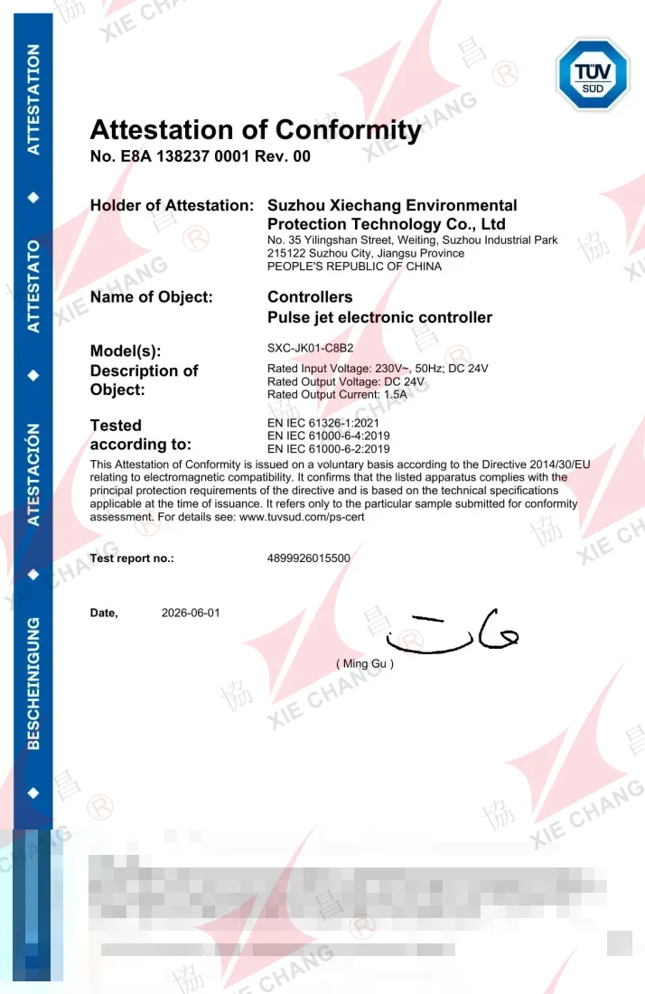 Atestación de conformidad de TUV SUD — controlador de pulsos SXC-JK01-C8B2 (Directiva EMC)