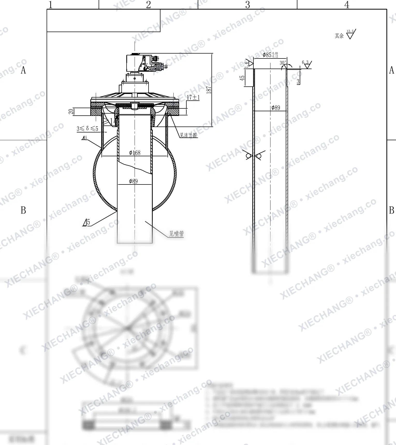 DMY-F-II-80 · DN80 (3") · válvula de pulso sumergida/inmersa antideflagrante (con tubo de soplado / brida pasamuro) — Plano de instalación