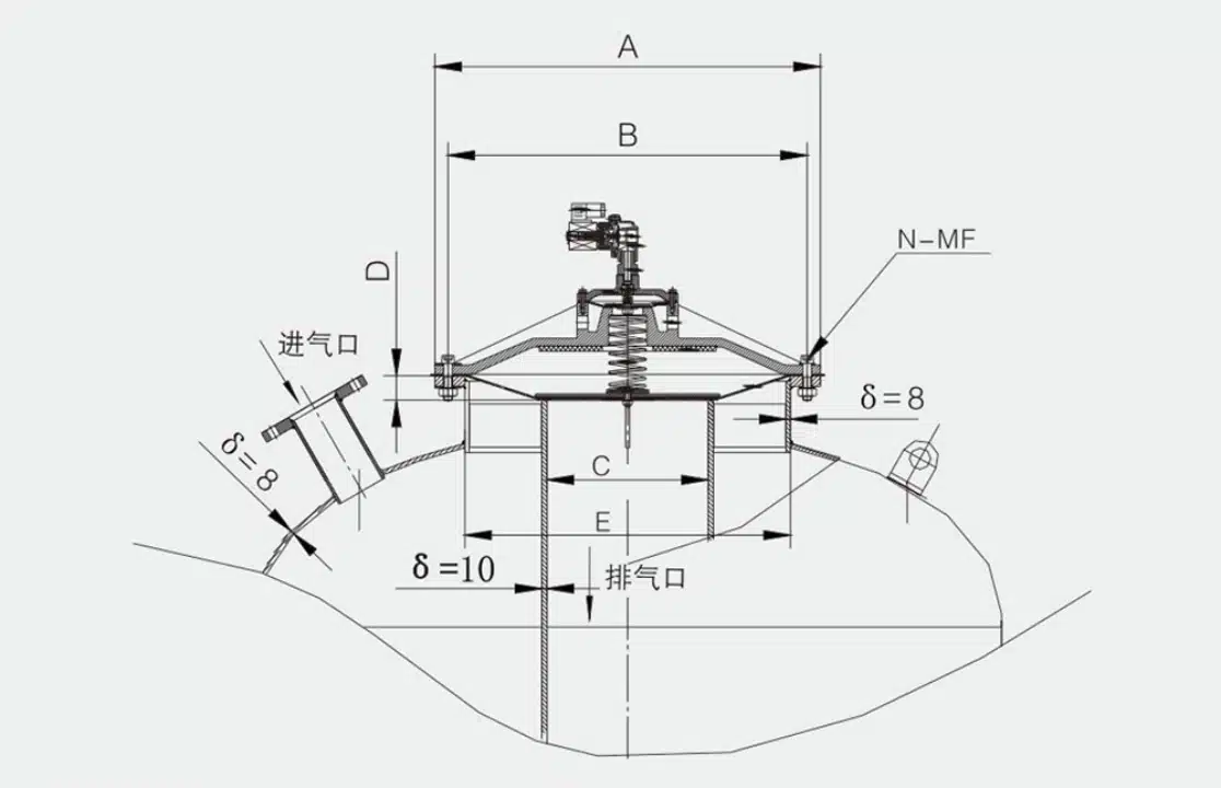 Plano en corte y dimensiones de la válvula de pulso DMY-III