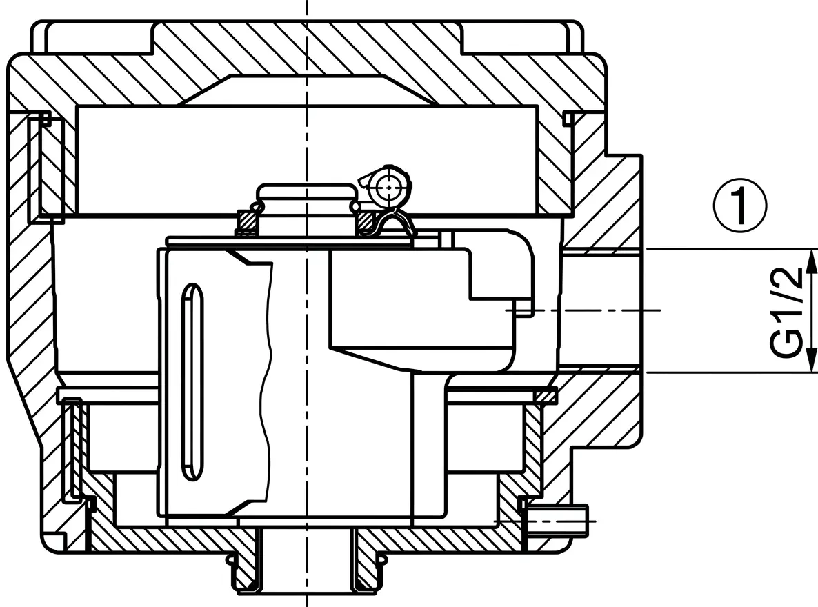 Plano de detalle en corte lateral interno de la envolvente del solenoide a prueba de llama Ex db